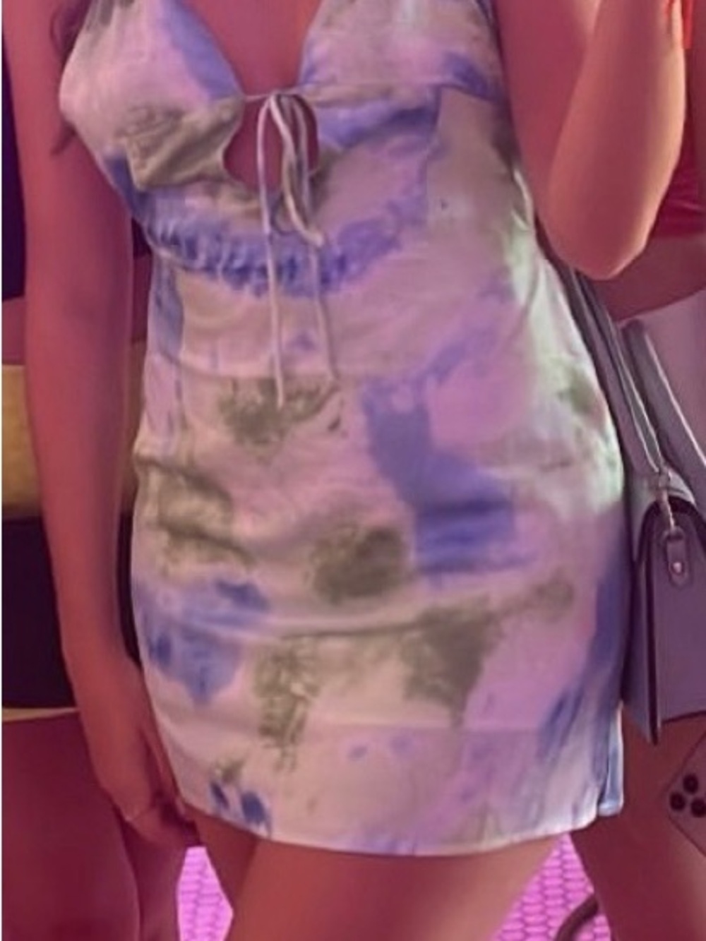 Water color Mini Dress with Front Tie - Blue & Green